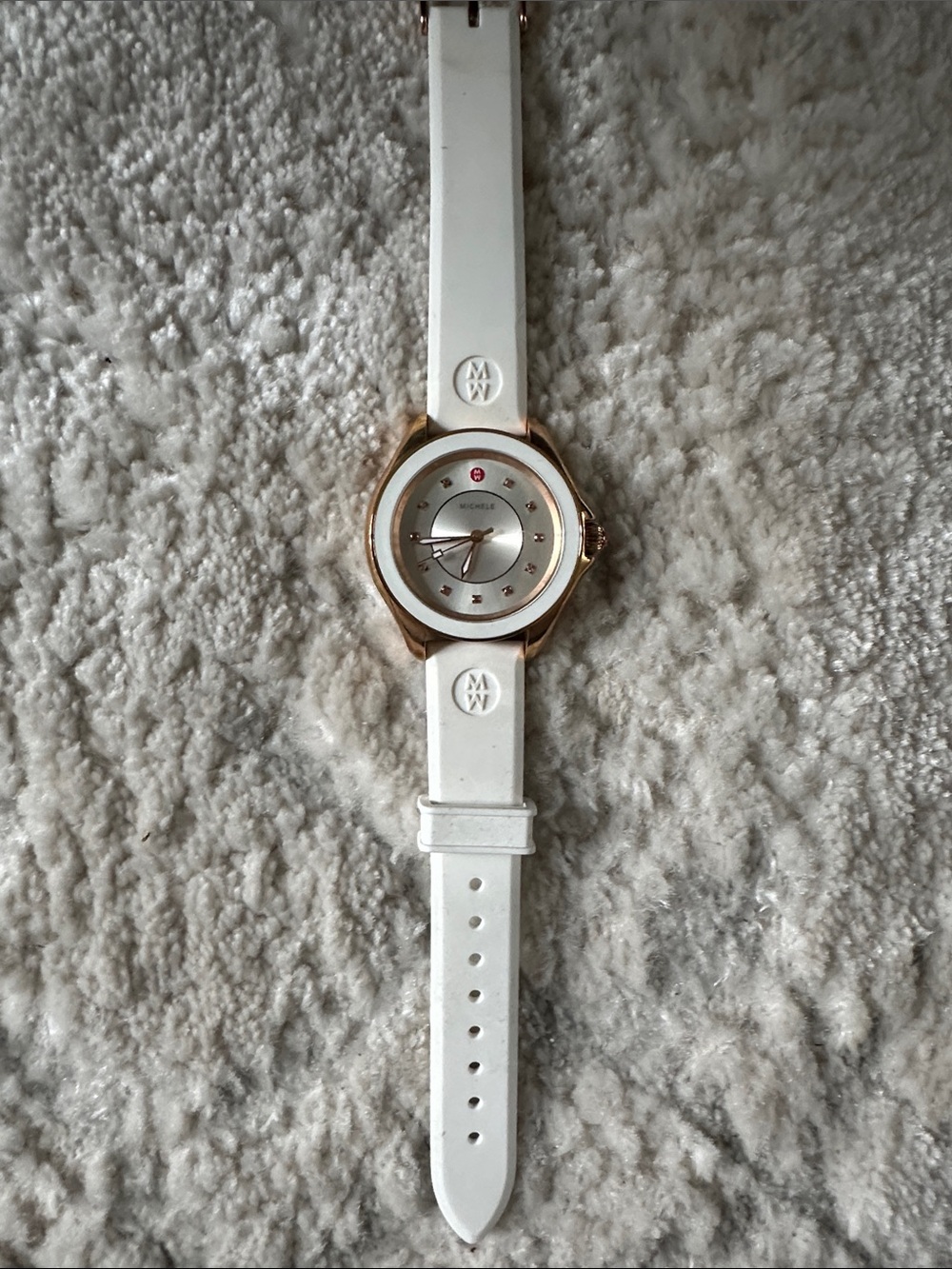 Michele White Silicone Strap Watch with Rose Gold Case